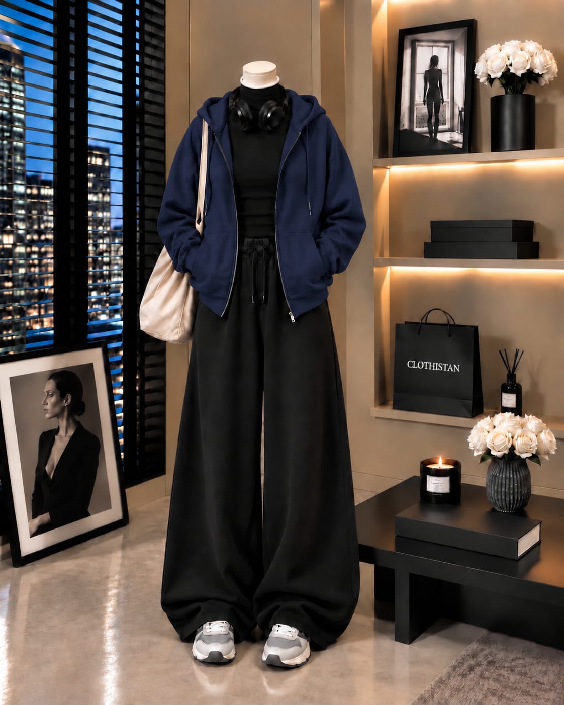 Zipper Hoodie,Black Rib Net Highneck & Black Wide-Leg Trouser as Pack of Threes