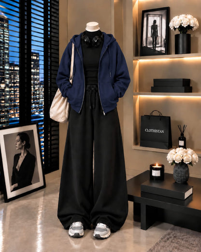 Zipper Hoodie,Black Rib Net Highneck & Black Wide-Leg Trouser as Pack of Threes