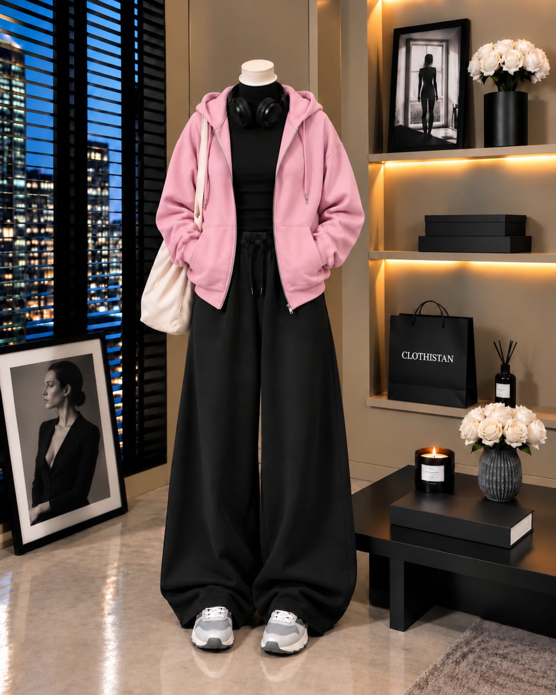 Zipper Hoodie,Black Rib Net Highneck & Black Wide-Leg Trouser as Pack of Threes
