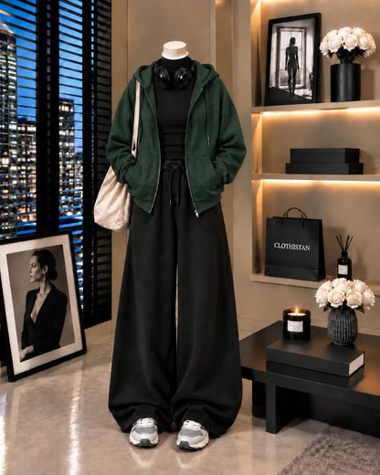 Zipper Hoodie,Black Rib Net Highneck & Black Wide-Leg Trouser as Pack of Threes