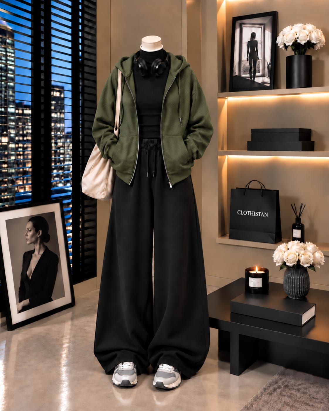 Zipper Hoodie,Black Rib Net Highneck & Black Wide-Leg Trouser as Pack of Threes