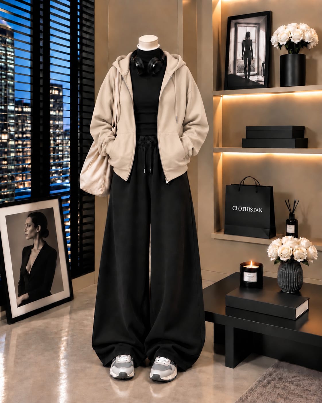 Zipper Hoodie,Black Rib Net Highneck & Black Wide-Leg Trouser as Pack of Threes