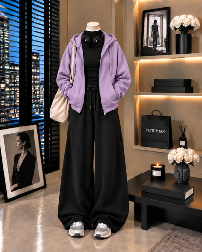 Zipper Hoodie,Black Rib Net Highneck & Black Wide-Leg Trouser as Pack of Threes