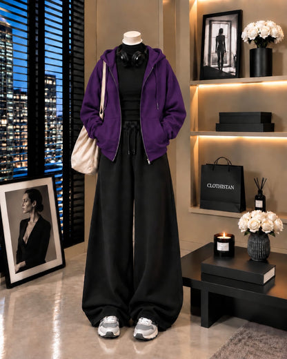 Zipper Hoodie,Black Rib Net Highneck & Black Wide-Leg Trouser as Pack of Threes