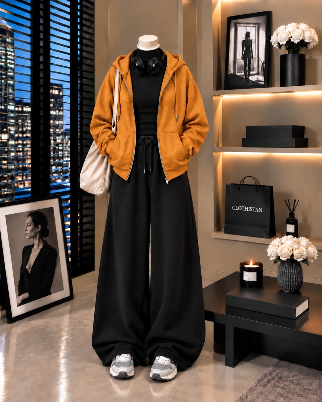 Zipper Hoodie,Black Rib Net Highneck & Black Wide-Leg Trouser as Pack of Threes