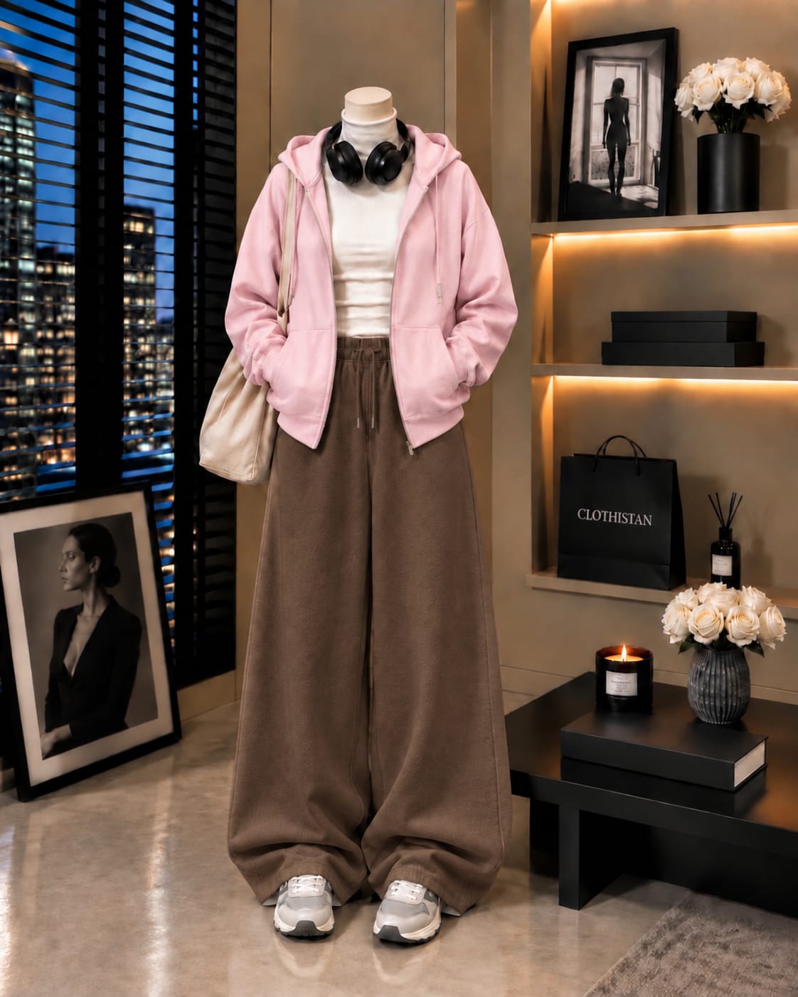 Zipper Hoodie, White Rib Net Highneck & Brown Wide-Leg Trouser as Pack of Threes