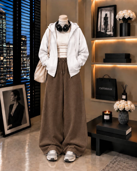 Zipper Hoodie, White Rib Net Highneck & Brown Wide-Leg Trouser as Pack of Threes