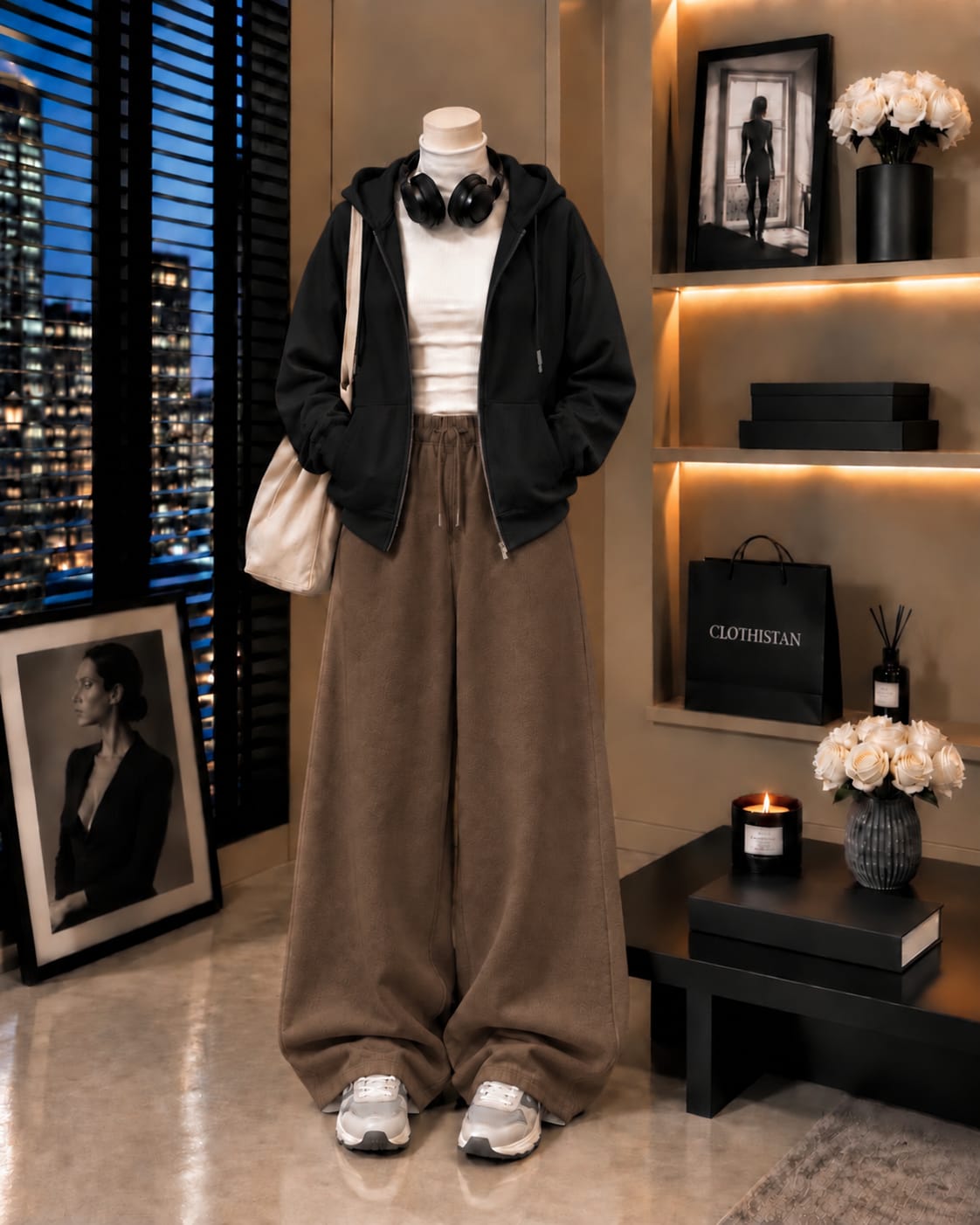 Zipper Hoodie, White Rib Net Highneck & Brown Wide-Leg Trouser as Pack of Threes