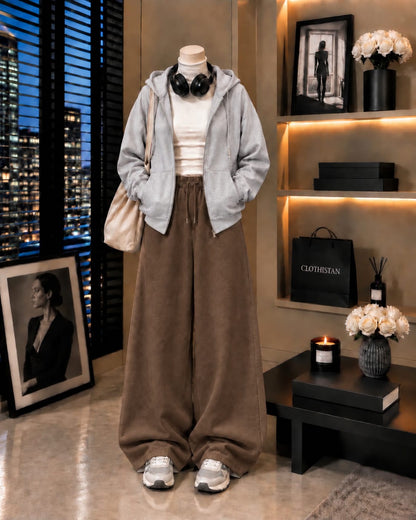 Zipper Hoodie, White Rib Net Highneck & Brown Wide-Leg Trouser as Pack of Threes