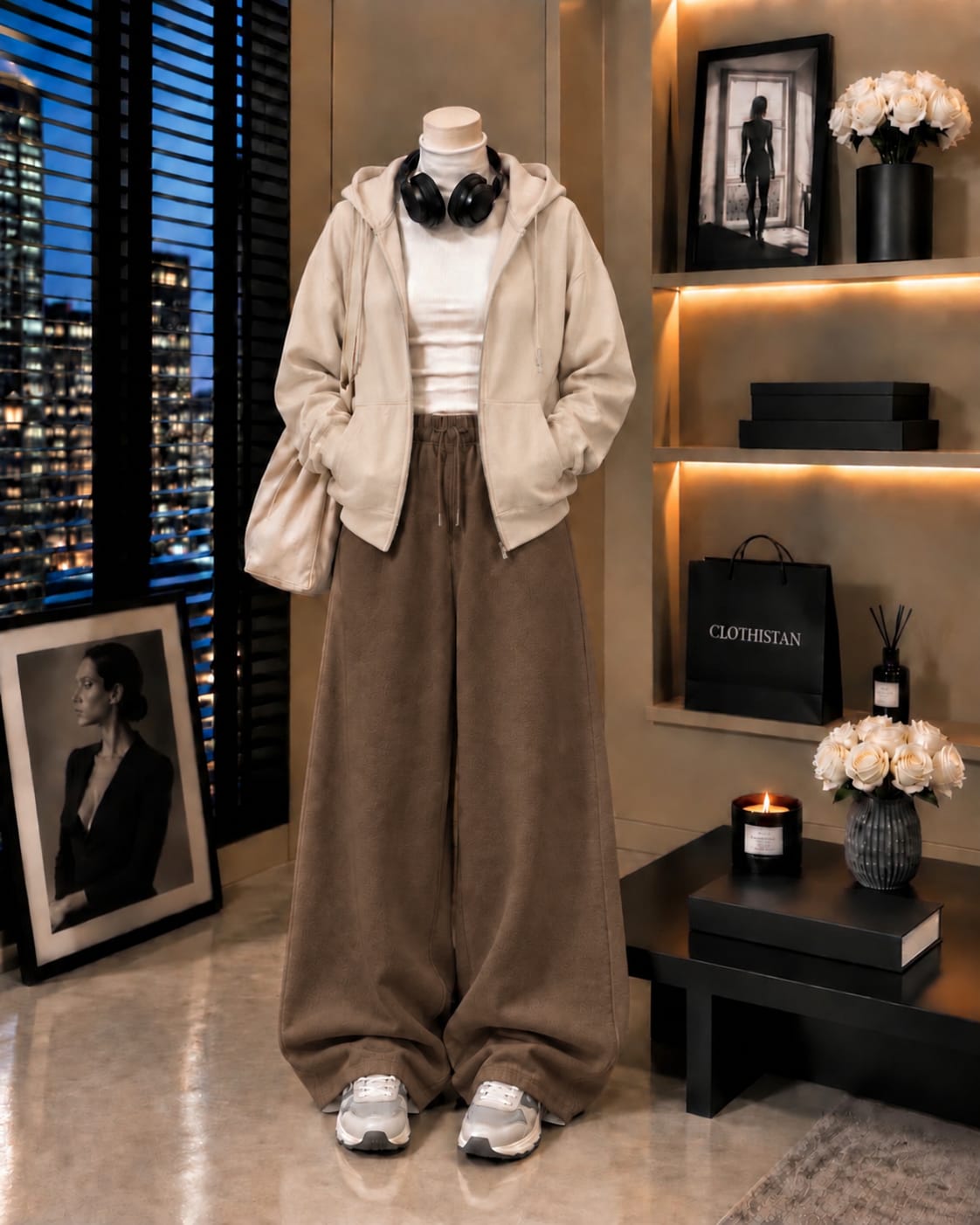 Zipper Hoodie, White Rib Net Highneck & Brown Wide-Leg Trouser as Pack of Threes