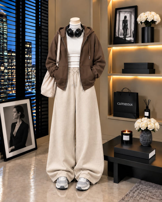 Zipper Hoodie,White Rib Net Highneck & Skin Wide-Leg Trouser as Pack of Threes