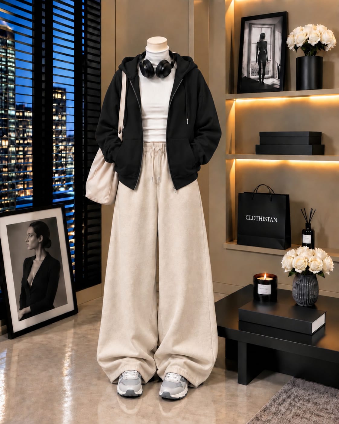 Zipper Hoodie,White Rib Net Highneck & Skin Wide-Leg Trouser as Pack of Threes