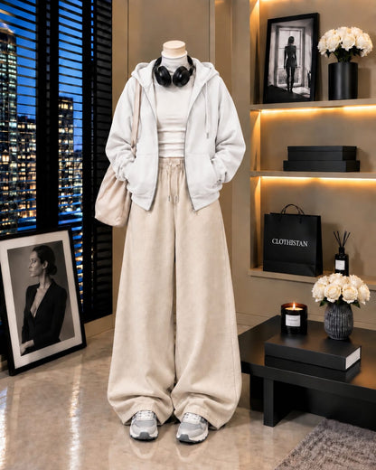 Zipper Hoodie,White Rib Net Highneck & Skin Wide-Leg Trouser as Pack of Threes
