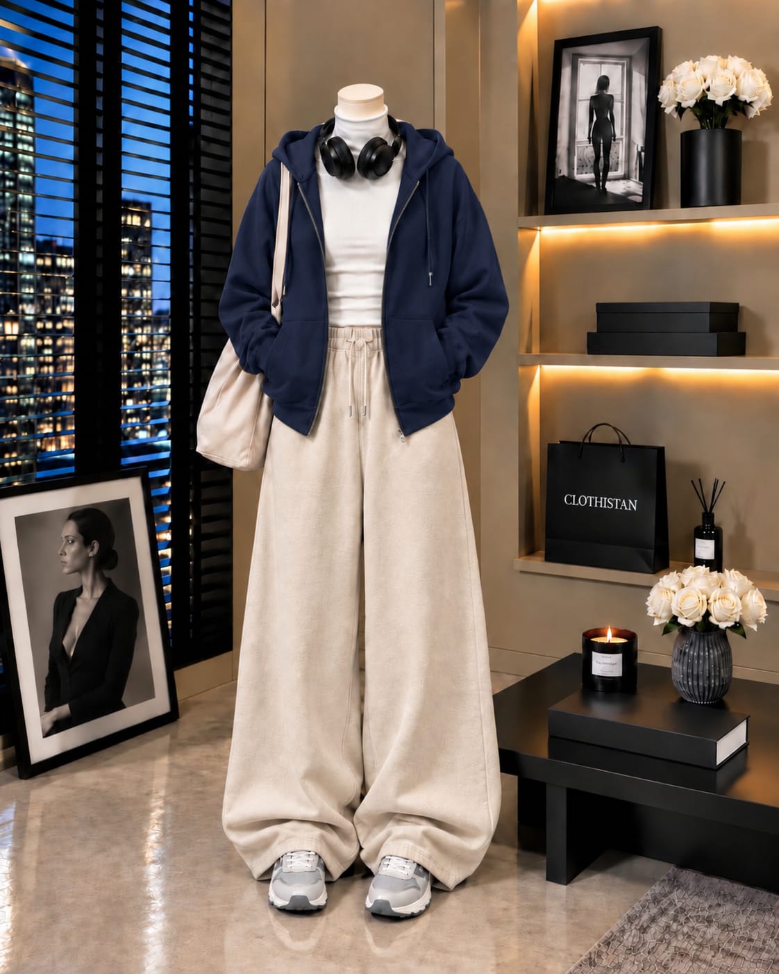 Zipper Hoodie,White Rib Net Highneck & Skin Wide-Leg Trouser as Pack of Threes