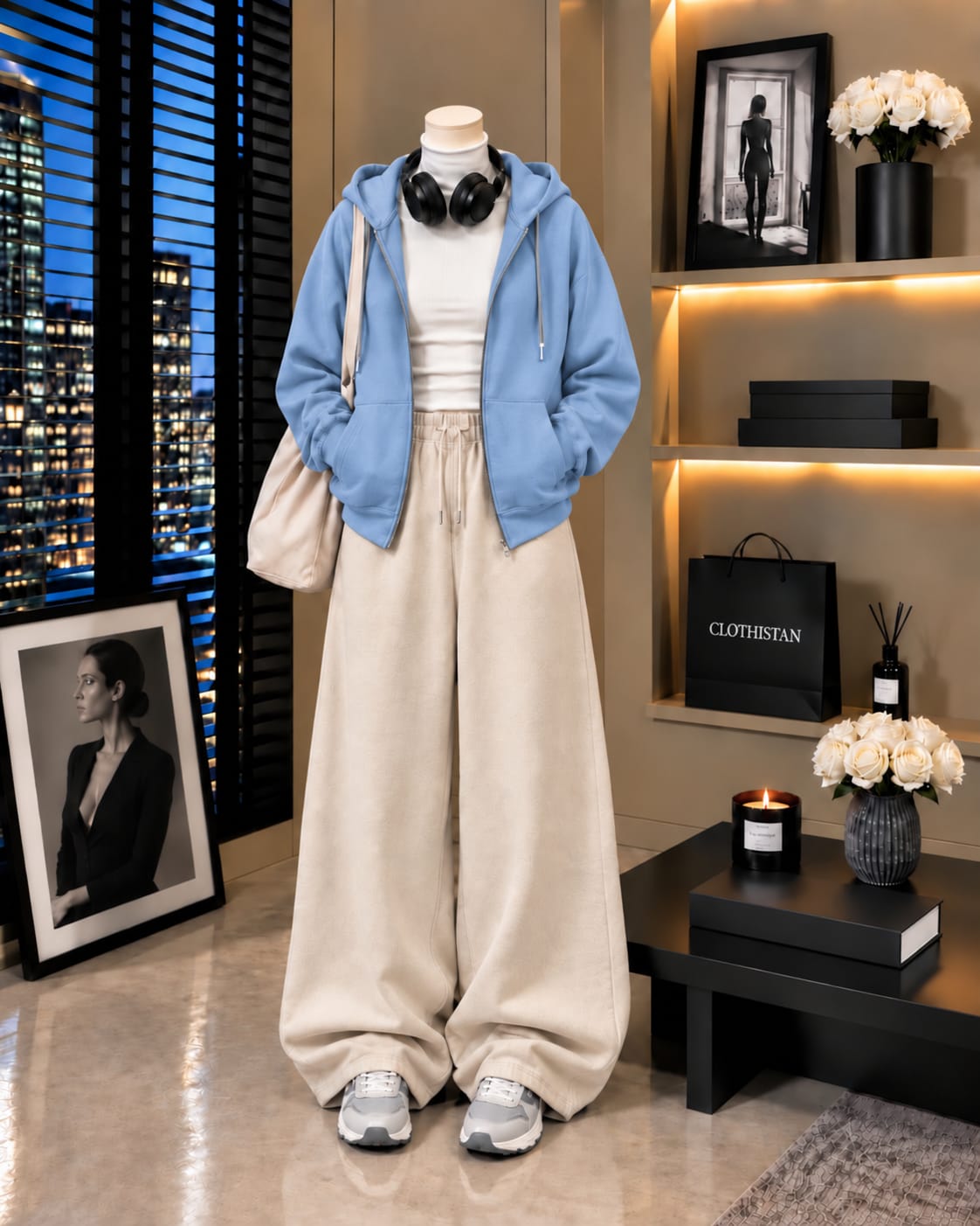 Zipper Hoodie,White Rib Net Highneck & Skin Wide-Leg Trouser as Pack of Threes