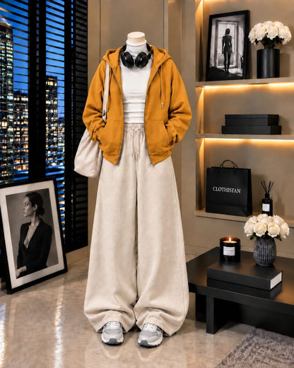 Zipper Hoodie,White Rib Net Highneck & Skin Wide-Leg Trouser as Pack of Threes
