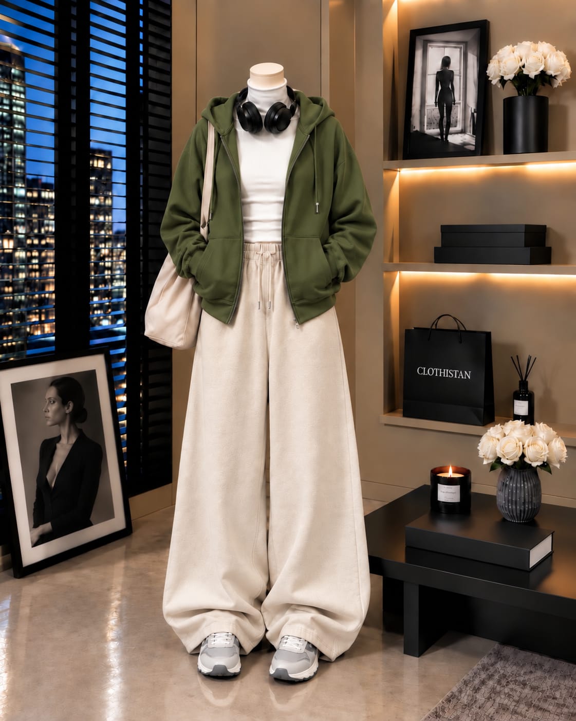 Zipper Hoodie,White Rib Net Highneck & Skin Wide-Leg Trouser as Pack of Threes