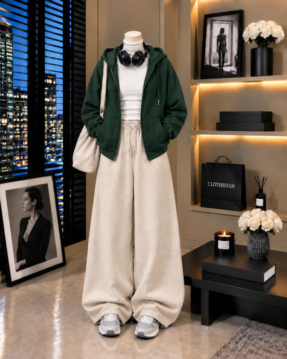 Zipper Hoodie,White Rib Net Highneck & Skin Wide-Leg Trouser as Pack of Threes
