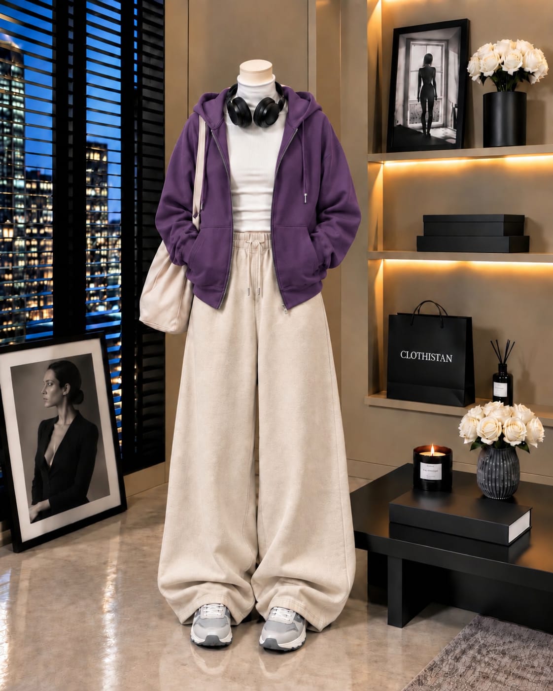 Zipper Hoodie,White Rib Net Highneck & Skin Wide-Leg Trouser as Pack of Threes