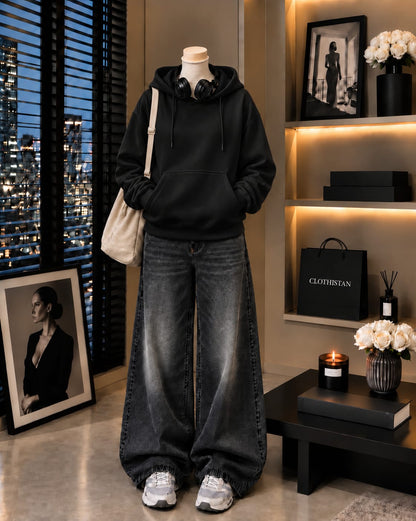Premium Hoodie & Black Vintage Wide-Leg Jeans Pack of Two