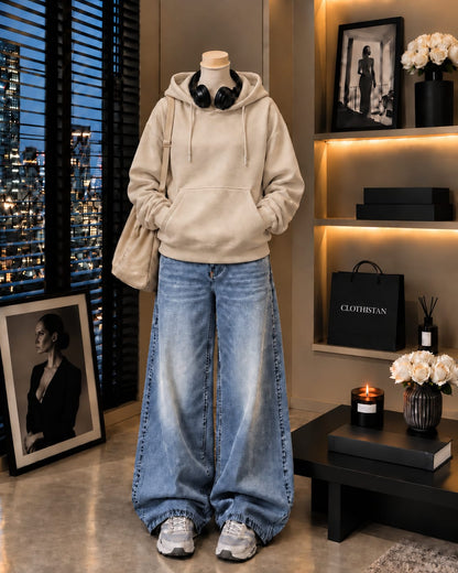 Premium Hoodie & Sky blue Vintage Wide-Leg Jeans Pack of Two