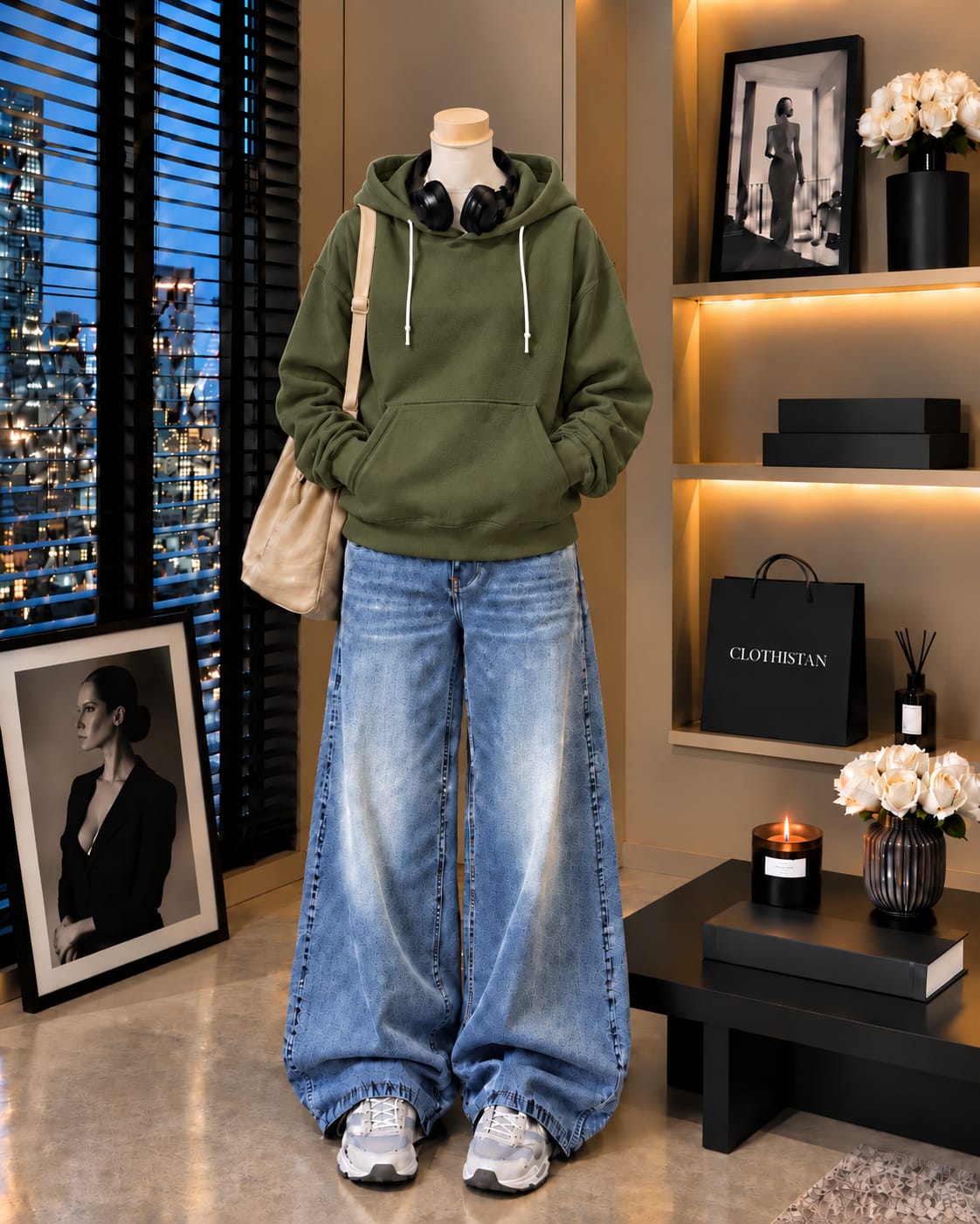 Premium Hoodie & Sky blue Vintage Wide-Leg Jeans Pack of Two