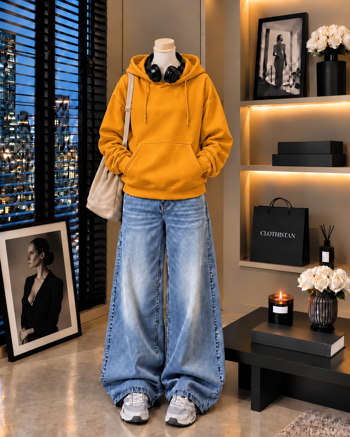 Premium Hoodie & Sky blue Vintage Wide-Leg Jeans Pack of Two