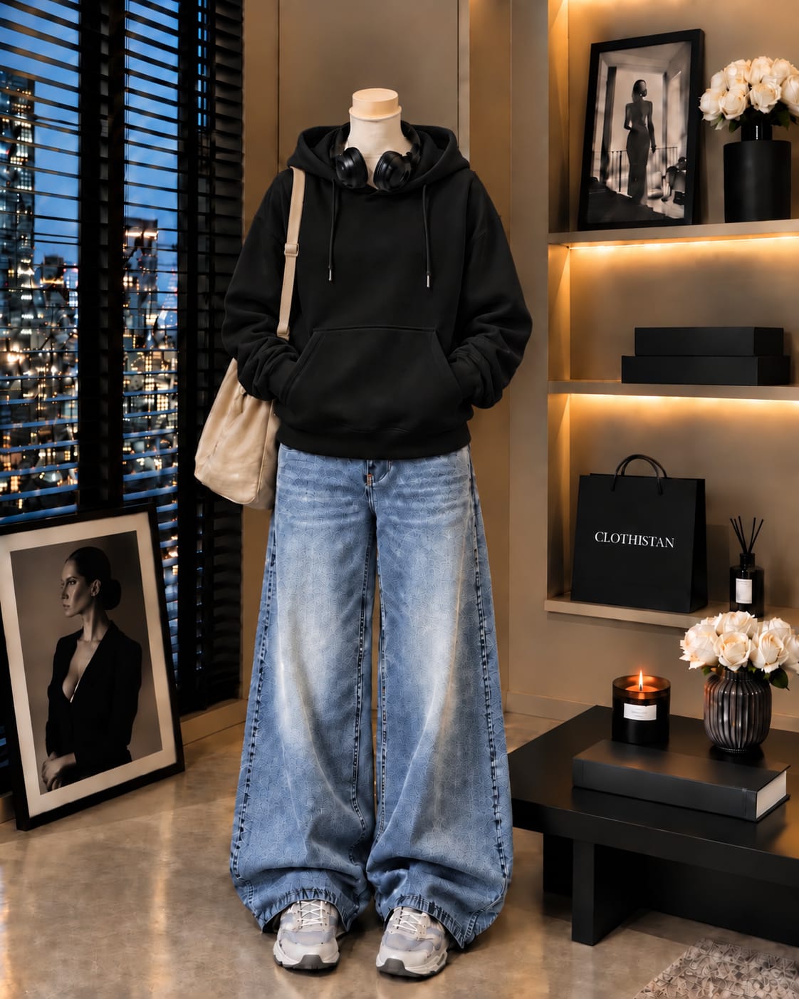 Premium Hoodie & Sky blue Vintage Wide-Leg Jeans Pack of Two