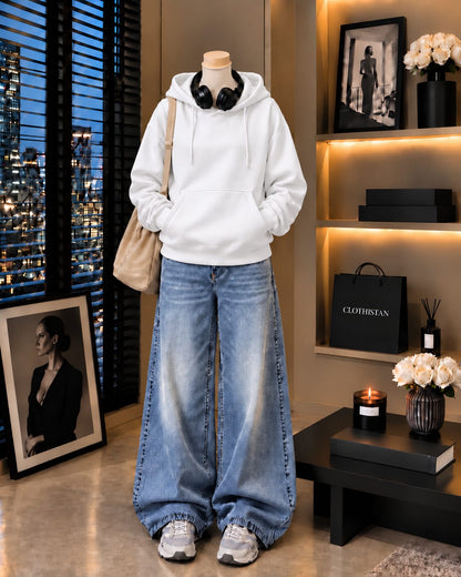 Premium Hoodie & Sky blue Vintage Wide-Leg Jeans Pack of Two