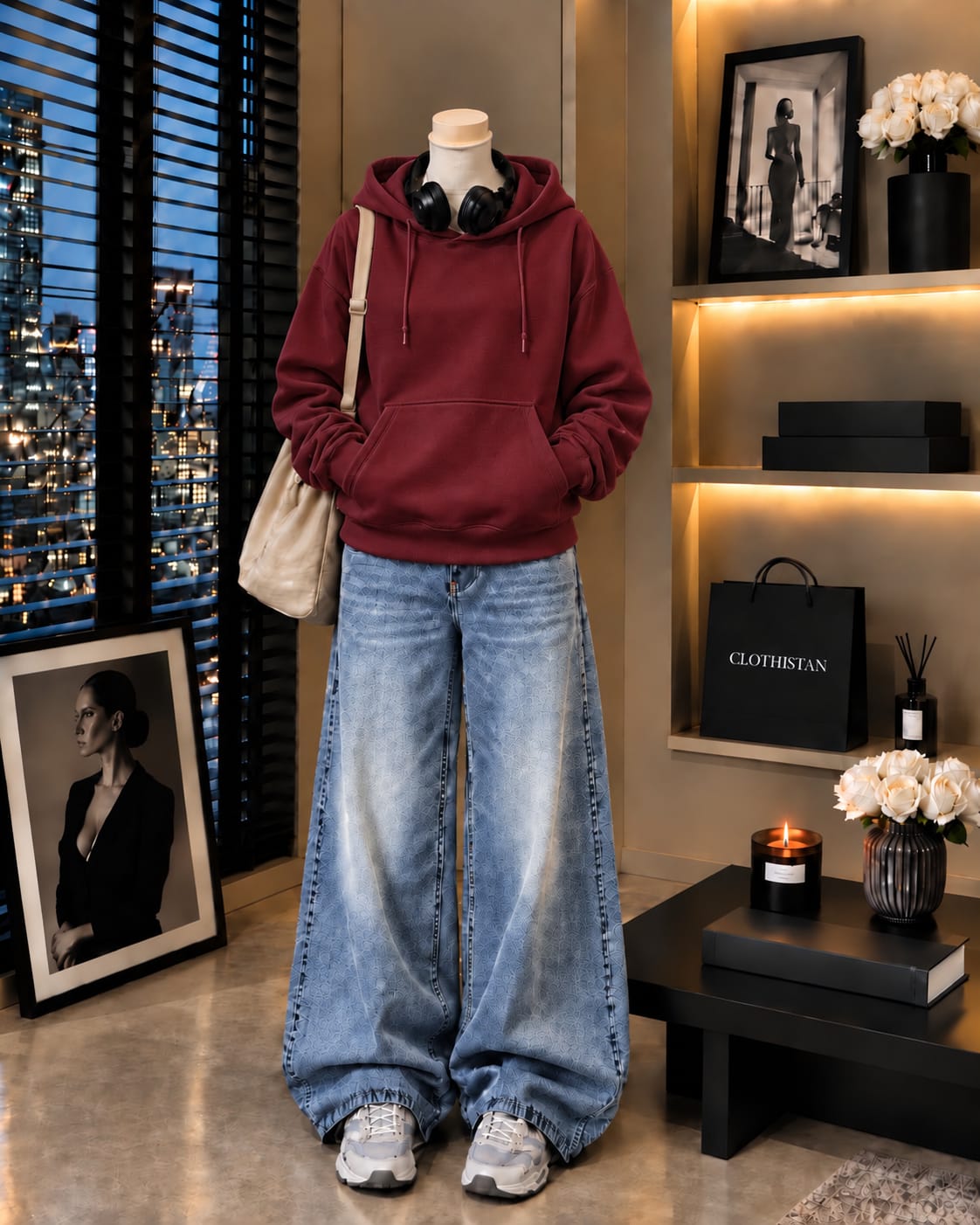 Premium Hoodie & Sky blue Vintage Wide-Leg Jeans Pack of Two