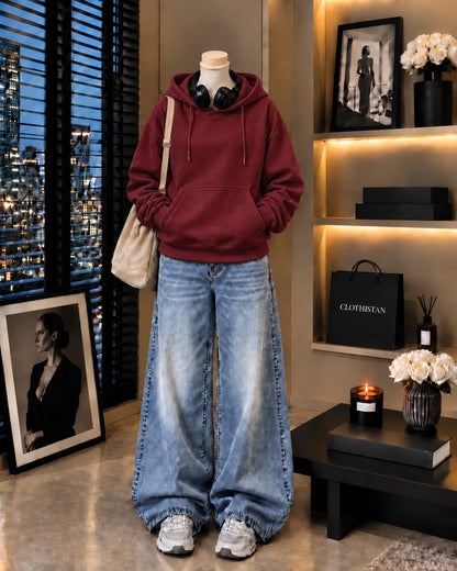 Premium Hoodie & Sky blue Vintage Wide-Leg Jeans Pack of Two