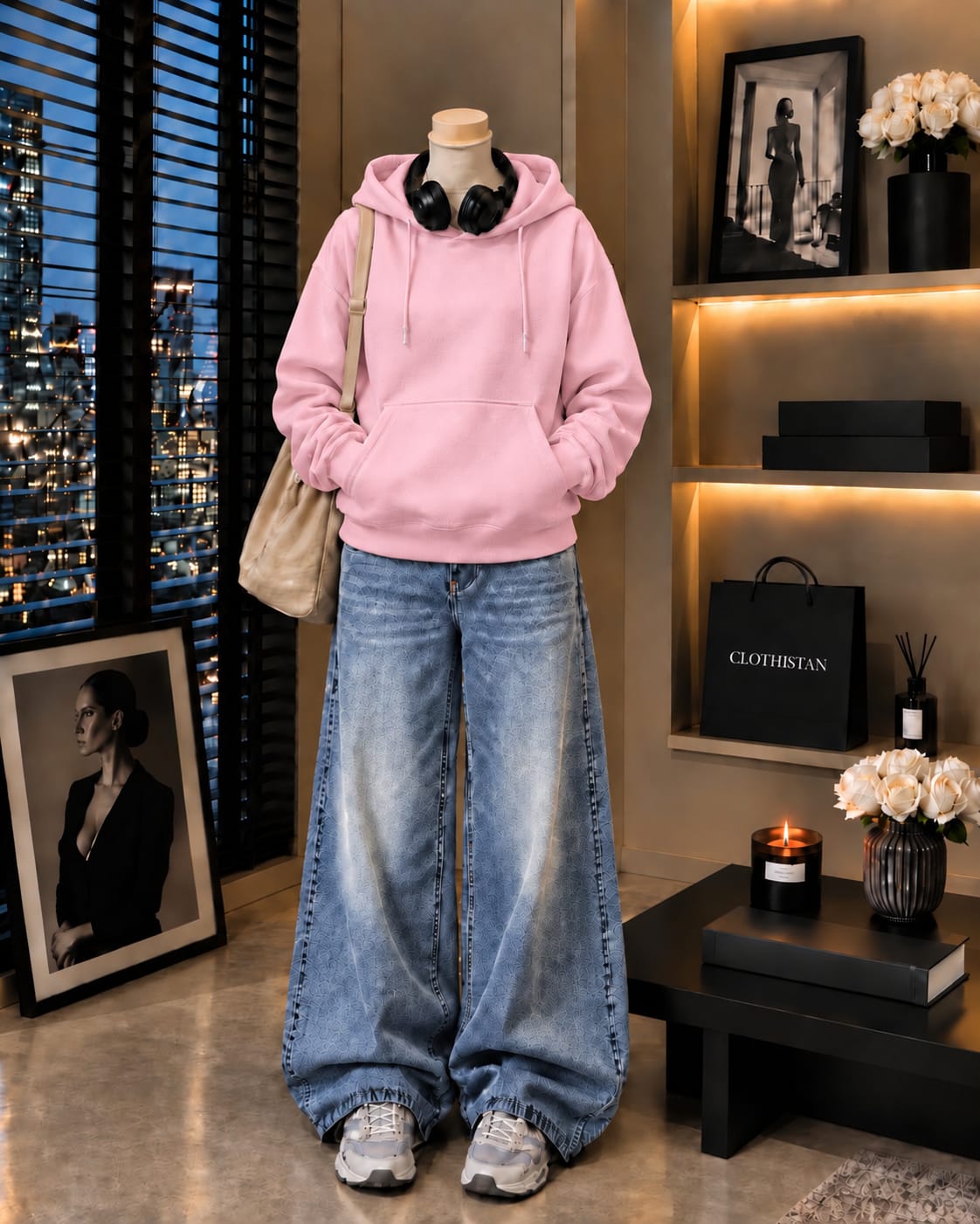 Premium Hoodie & Sky blue Vintage Wide-Leg Jeans Pack of Two