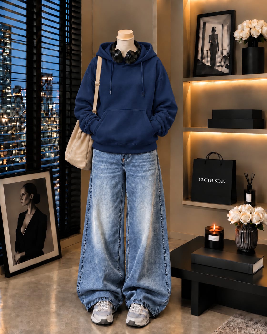 Premium Hoodie & Sky blue Vintage Wide-Leg Jeans Pack of Two