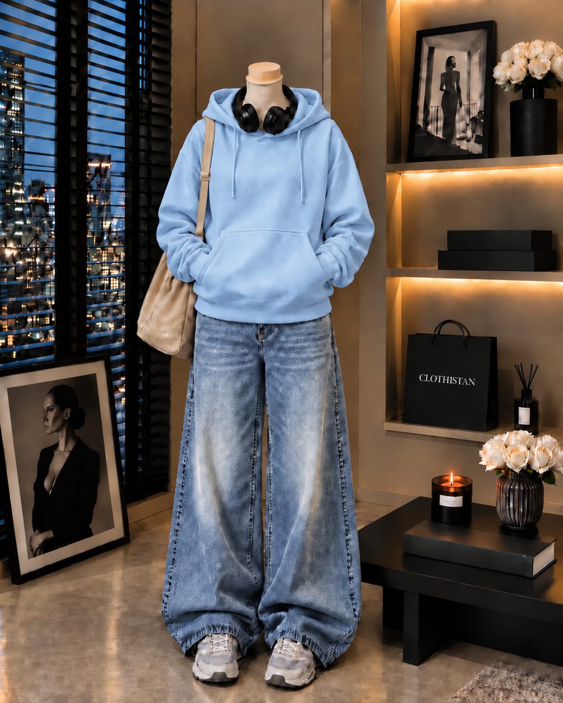 Premium Hoodie & Sky blue Vintage Wide-Leg Jeans Pack of Two