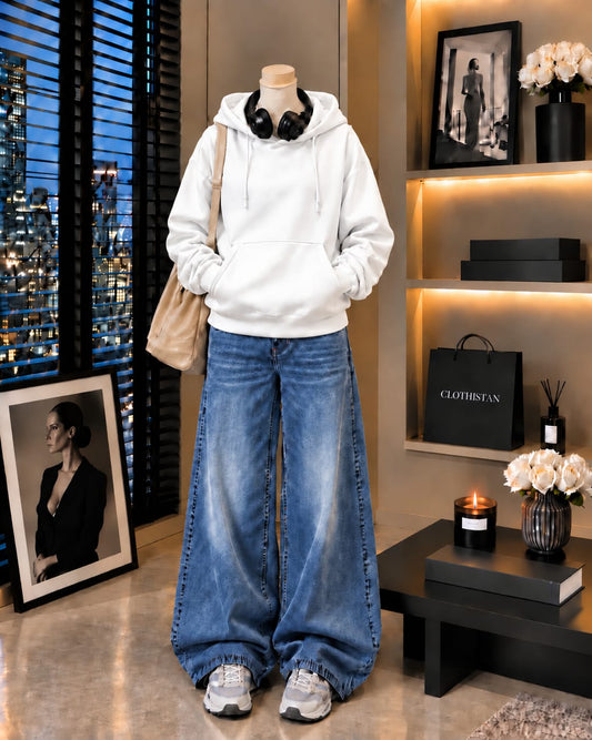 Premium Hoodie & Mid blue Vintage Wide-Leg Jeans Pack of Two