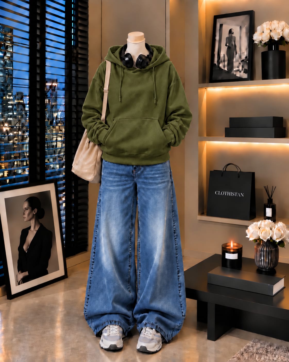 Premium Hoodie & Mid blue Vintage Wide-Leg Jeans Pack of Two