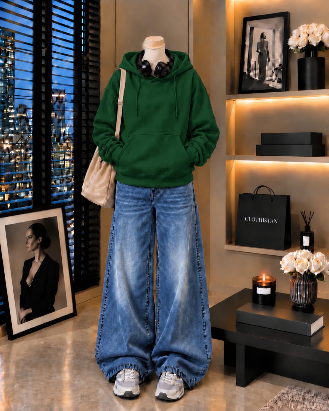Premium Hoodie & Mid blue Vintage Wide-Leg Jeans Pack of Two