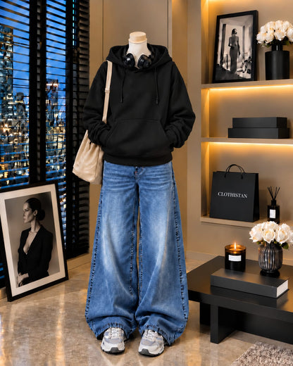 Premium Hoodie & Mid blue Vintage Wide-Leg Jeans Pack of Two