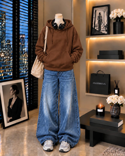 Premium Hoodie & Mid blue Vintage Wide-Leg Jeans Pack of Two