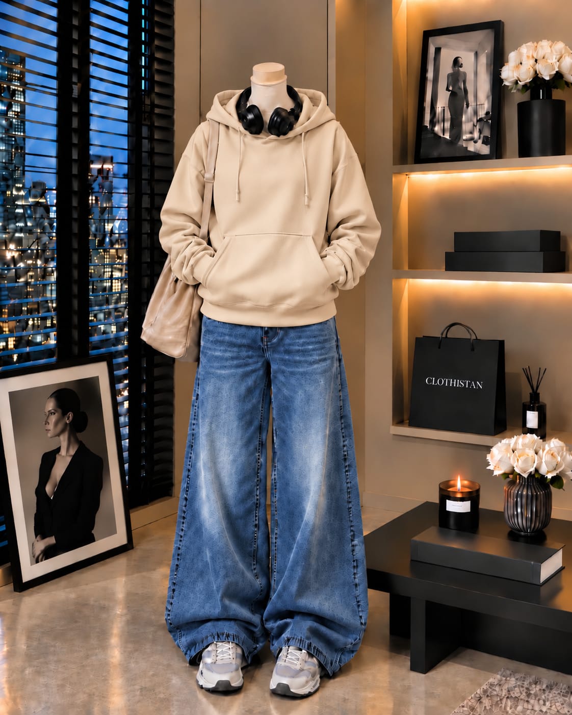 Premium Hoodie & Mid blue Vintage Wide-Leg Jeans Pack of Two