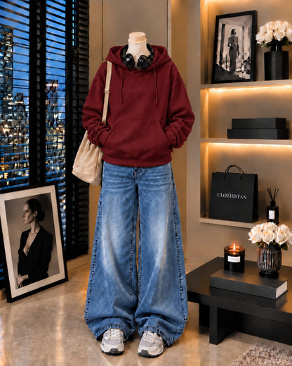 Premium Hoodie & Mid blue Vintage Wide-Leg Jeans Pack of Two