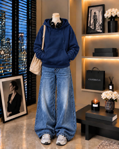 Premium Hoodie & Mid blue Vintage Wide-Leg Jeans Pack of Two