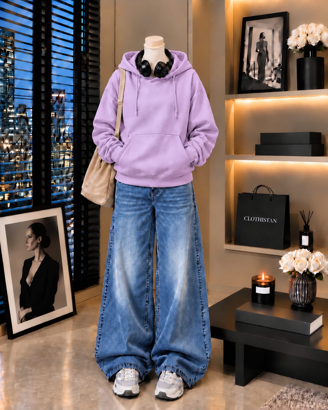 Premium Hoodie & Mid blue Vintage Wide-Leg Jeans Pack of Two