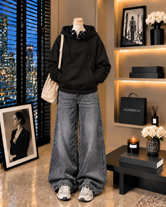 Premium Hoodie & Grey Vintage Wide-Leg Jeans Pack of Two