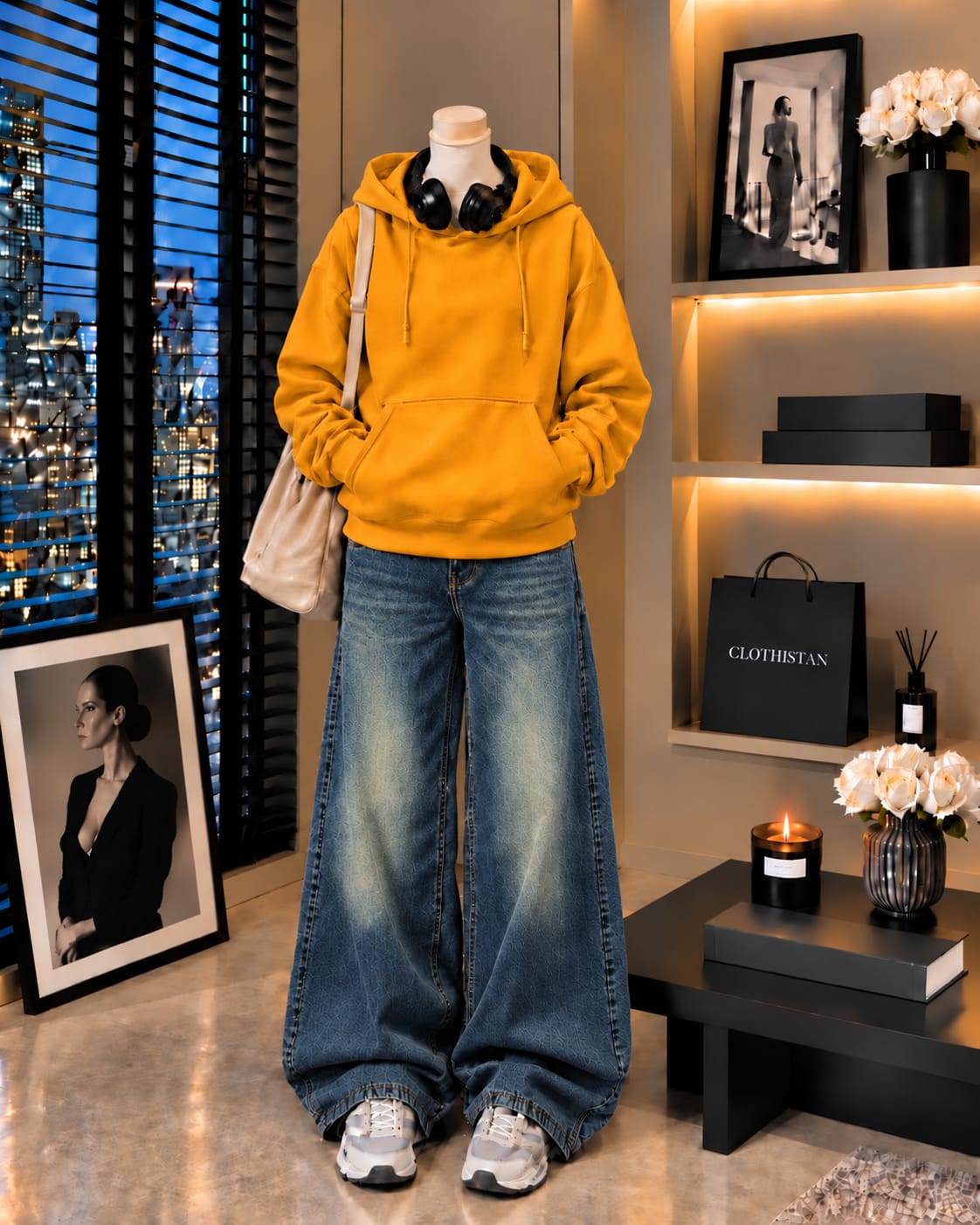 Premium Hoodie & Greenish blue Vintage Wide-Leg Jeans Pack of Two