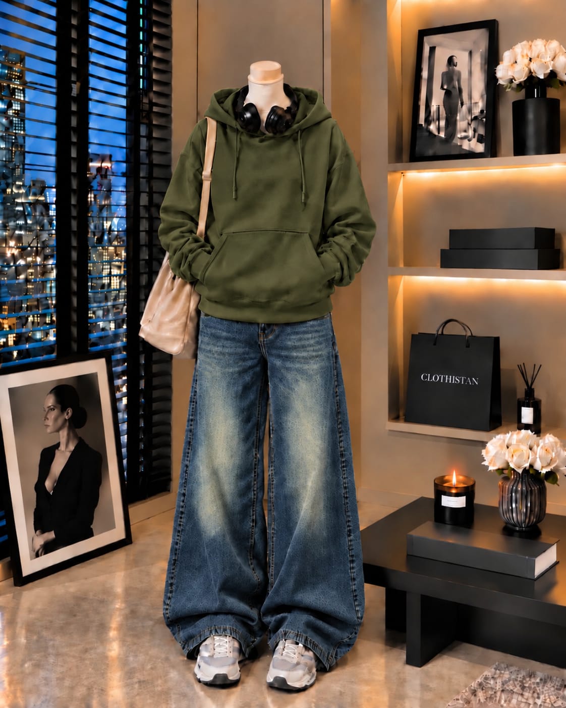 Premium Hoodie & Greenish blue Vintage Wide-Leg Jeans Pack of Two