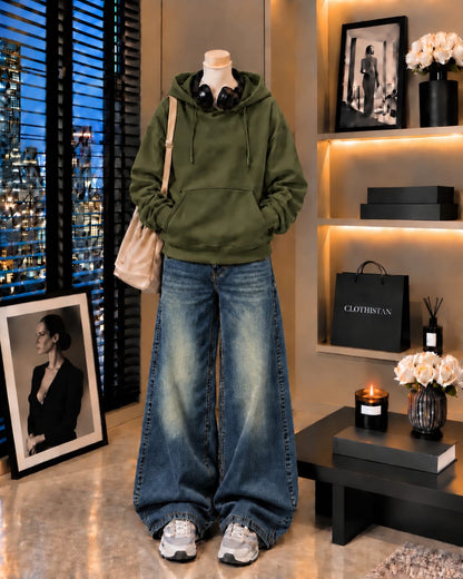 Premium Hoodie & Greenish blue Vintage Wide-Leg Jeans Pack of Two