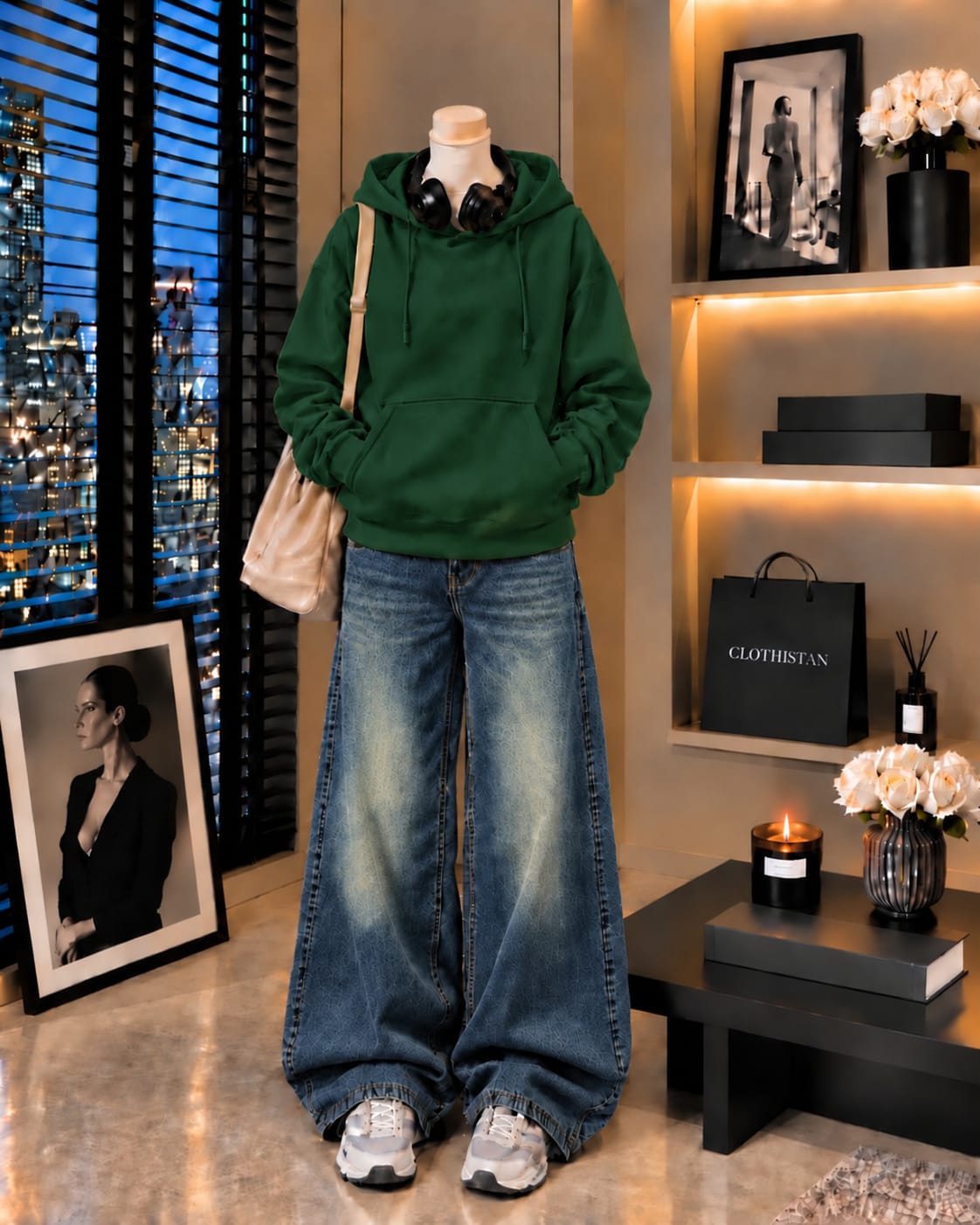 Premium Hoodie & Greenish blue Vintage Wide-Leg Jeans Pack of Two