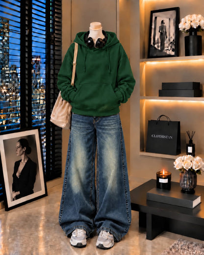 Premium Hoodie & Greenish blue Vintage Wide-Leg Jeans Pack of Two