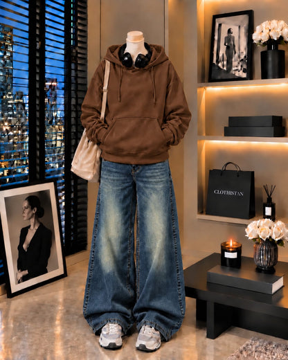 Premium Hoodie & Greenish blue Vintage Wide-Leg Jeans Pack of Two